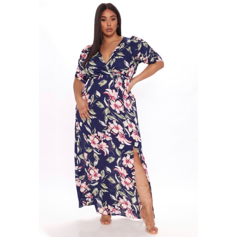 Navy Blue Floral Maxi Dress with Slit